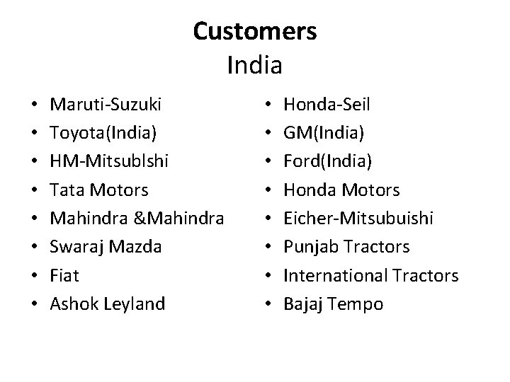 Customers India • • Maruti-Suzuki Toyota(India) HM-Mitsublshi Tata Motors Mahindra &Mahindra Swaraj Mazda Fiat