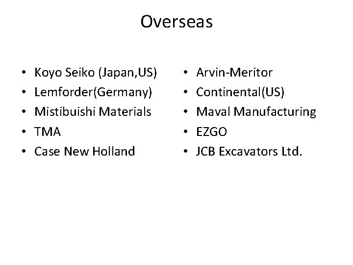 Overseas • • • Koyo Seiko (Japan, US) Lemforder(Germany) Mistibuishi Materials TMA Case New