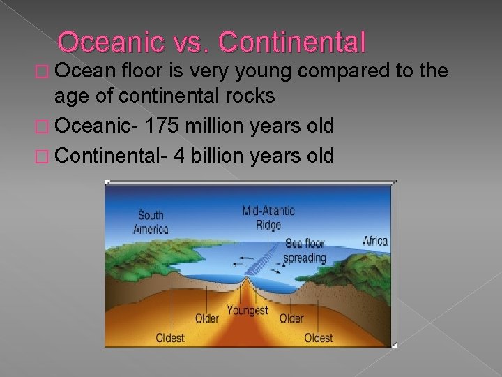 Oceanic vs. Continental � Ocean floor is very young compared to the age of