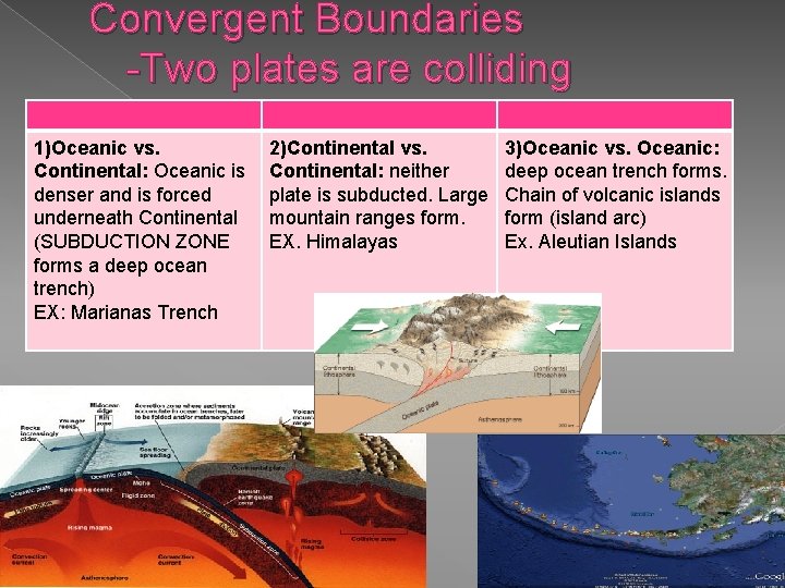 Convergent Boundaries -Two plates are colliding 1)Oceanic vs. Continental: Oceanic is denser and is