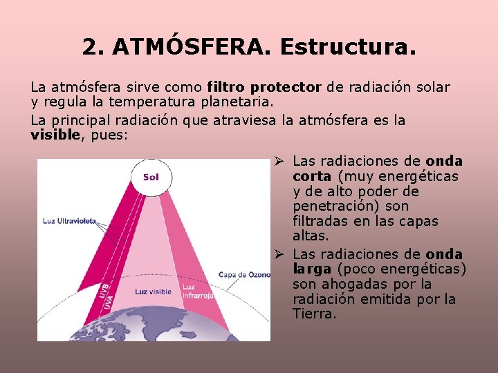 2. ATMÓSFERA. Estructura. La atmósfera sirve como filtro protector de radiación solar y regula