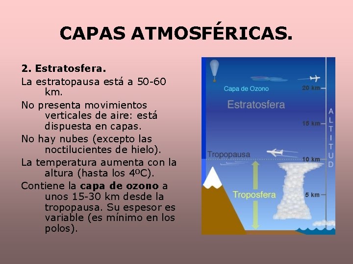 CAPAS ATMOSFÉRICAS. 2. Estratosfera. La estratopausa está a 50 -60 km. No presenta movimientos