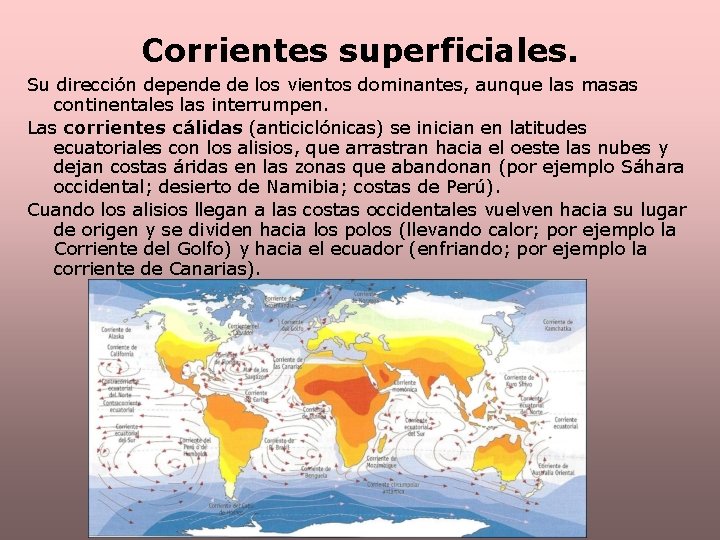 Corrientes superficiales. Su dirección depende de los vientos dominantes, aunque las masas continentales las