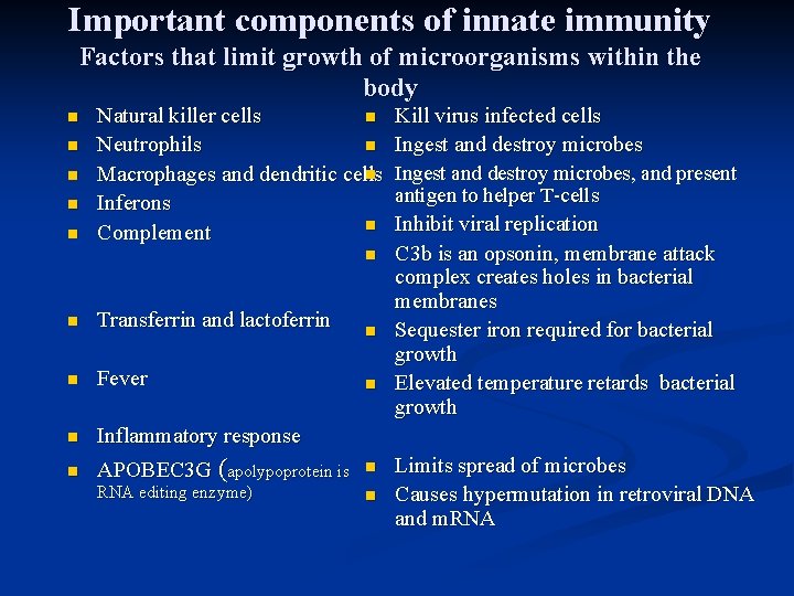 Important components of innate immunity Factors that limit growth of microorganisms within the body
