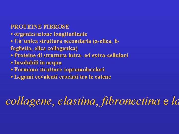 PROTEINE FIBROSE • organizzazione longitudinale • Un’unica struttura secondaria (a-elica, bfoglietto, elica collagenica) •