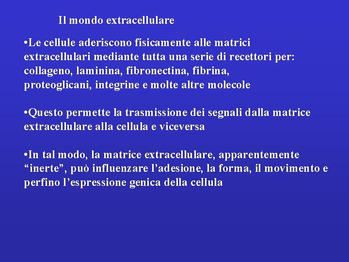 Il mondo extracellulare • Le cellule aderiscono fisicamente alle matrici extracellulari mediante tutta una