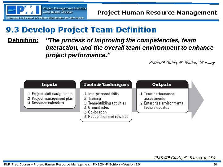 Project Human Resource Management 9. 3 Develop Project Team Definition: “The process of improving