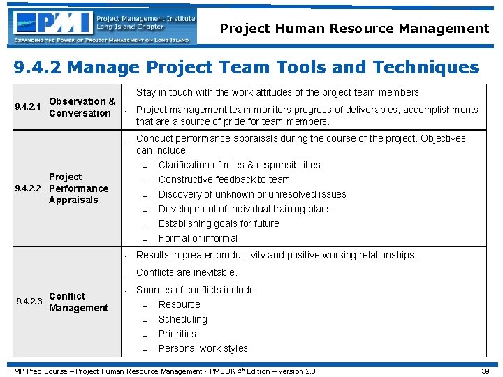 Project Human Resource Management 9. 4. 2 Manage Project Team Tools and Techniques Observation