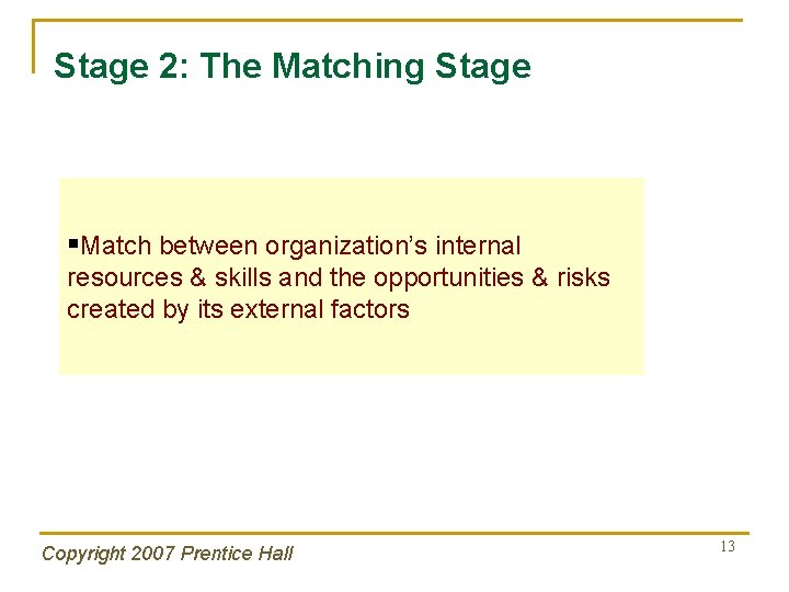 Stage 2: The Matching Stage §Match between organization’s internal resources & skills and the