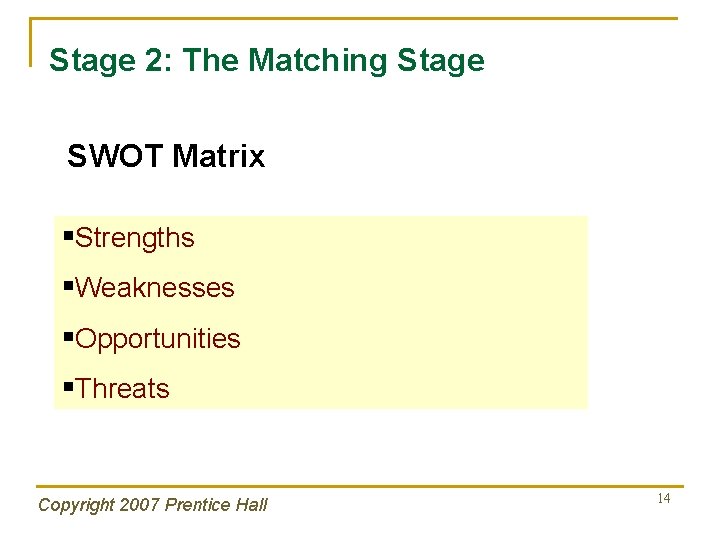 Stage 2: The Matching Stage SWOT Matrix §Strengths §Weaknesses §Opportunities §Threats Copyright 2007 Prentice