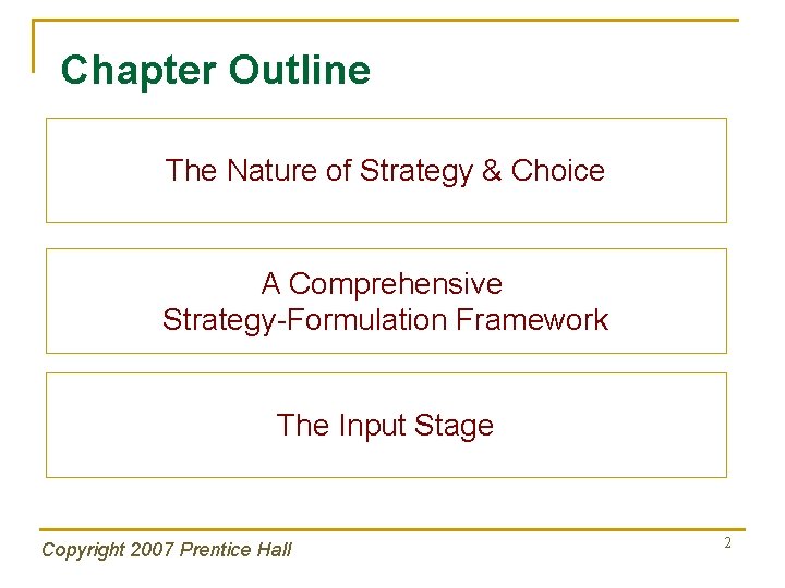 Chapter Outline The Nature of Strategy & Choice A Comprehensive Strategy-Formulation Framework The Input