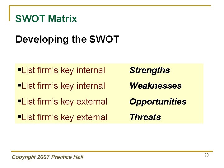 SWOT Matrix Developing the SWOT §List firm’s key internal Strengths §List firm’s key internal
