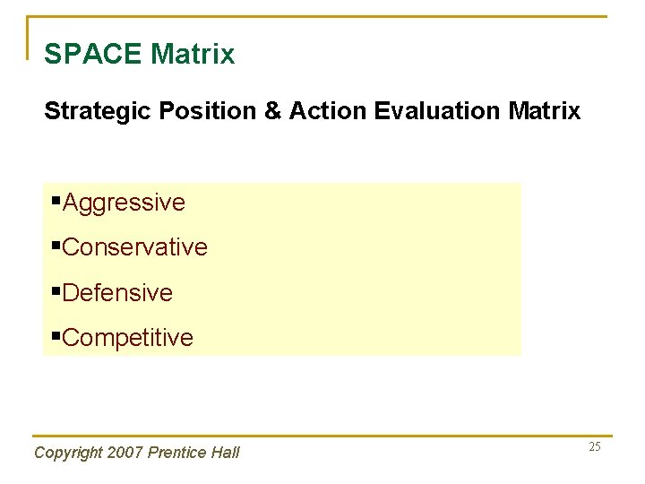 SPACE Matrix Strategic Position & Action Evaluation Matrix §Aggressive §Conservative §Defensive §Competitive Copyright 2007