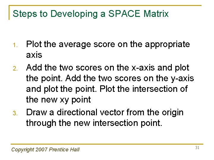 Steps to Developing a SPACE Matrix 1. 2. 3. Plot the average score on