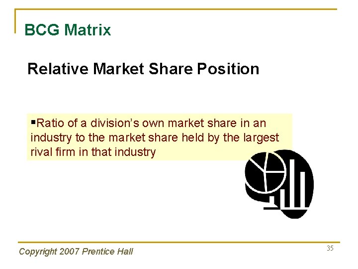 BCG Matrix Relative Market Share Position §Ratio of a division’s own market share in