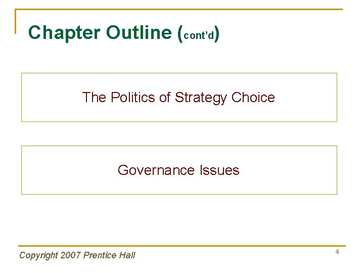 Chapter Outline (cont’d) The Politics of Strategy Choice Governance Issues Copyright 2007 Prentice Hall