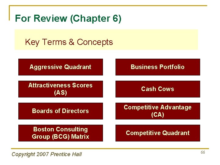 For Review (Chapter 6) Key Terms & Concepts Aggressive Quadrant Business Portfolio Attractiveness Scores