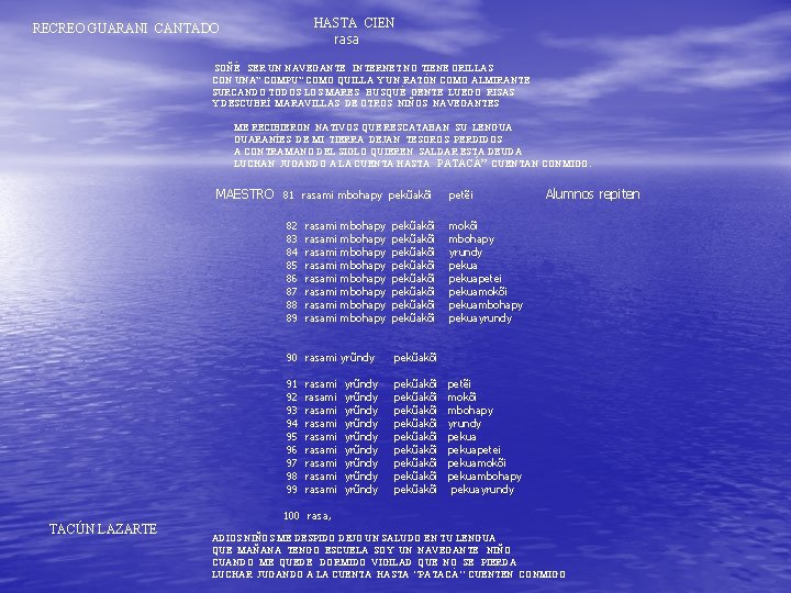 HASTA CIEN rasa RECREO GUARANI CANTADO SOÑÉ SER UN NAVEGANTE INTERNET NO TIENE ORILLAS