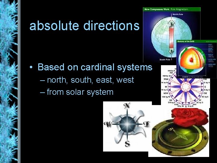 absolute directions • Based on cardinal systems – north, south, east, west – from