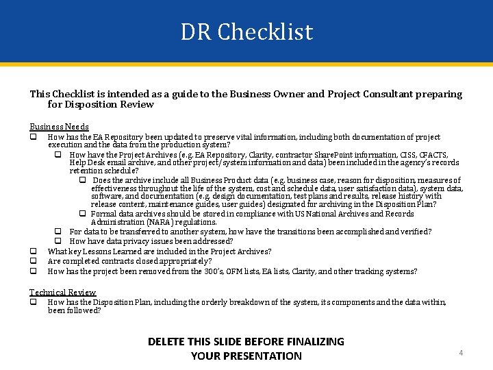 DR Checklist This Checklist is intended as a guide to the Business Owner and