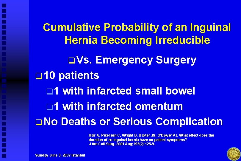 Cumulative Probability of an Inguinal Hernia Becoming Irreducible q Vs. Emergency Surgery q 10