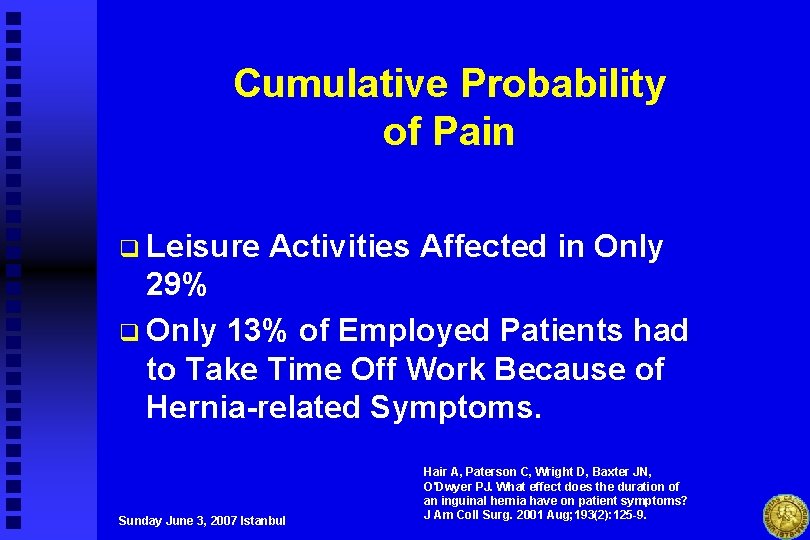 Cumulative Probability of Pain q Leisure Activities Affected in Only 29% q Only 13%
