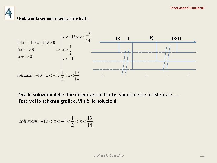 Disequazioni irrazionali Risolviamo la seconda disequazione fratta -13 + ½ -1 - + 13/14