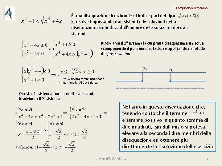 Disequazioni irrazionali È una disequazione irrazionale di indice pari del tipo Si risolve impostando