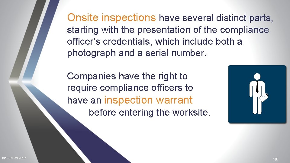 Onsite inspections have several distinct parts, starting with the presentation of the compliance officer’s