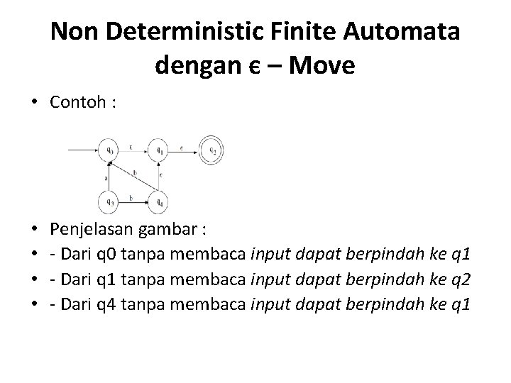 Non Deterministic Finite Automata dengan є – Move • Contoh : • • Penjelasan