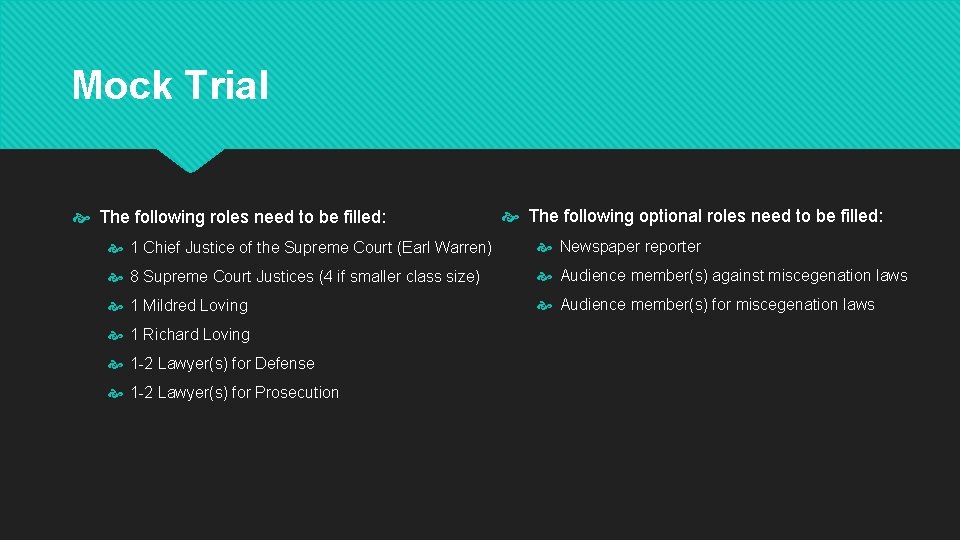 Mock Trial The following roles need to be filled: The following optional roles need