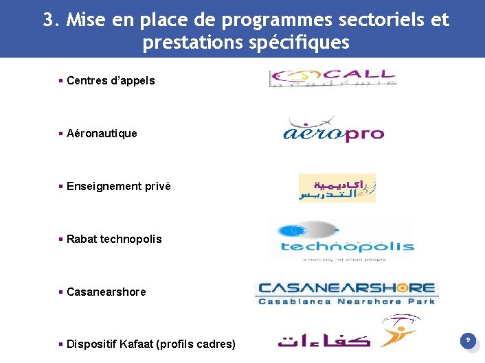 3. Mise en place de programmes sectoriels et prestations spécifiques § Centres d’appels §