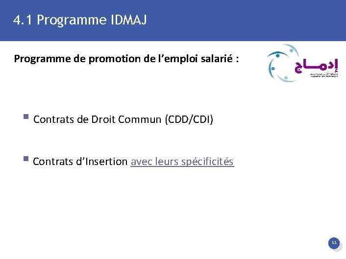 4. 1 Programme IDMAJ Programme de promotion de l’emploi salarié : § Contrats de
