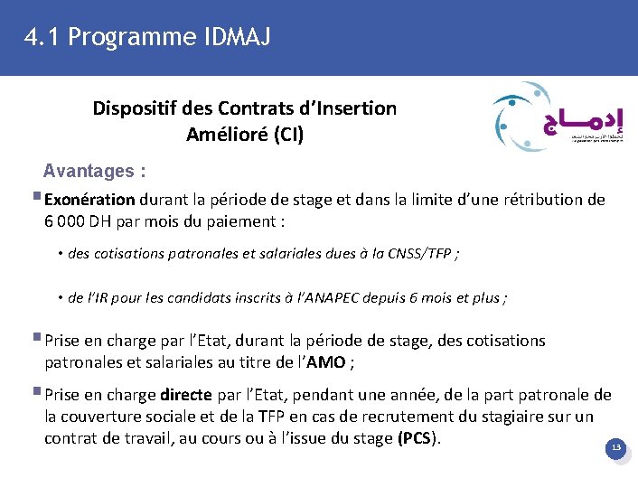 4. 1 Programme IDMAJ Dispositif des Contrats d’Insertion Amélioré (CI) Avantages : §Exonération durant