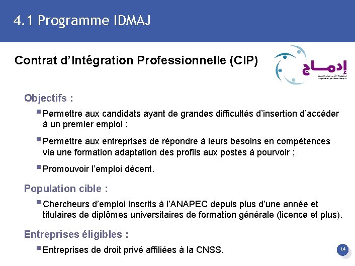 4. 1 Programme IDMAJ Contrat d’Intégration Professionnelle (CIP) Objectifs : § Permettre aux candidats