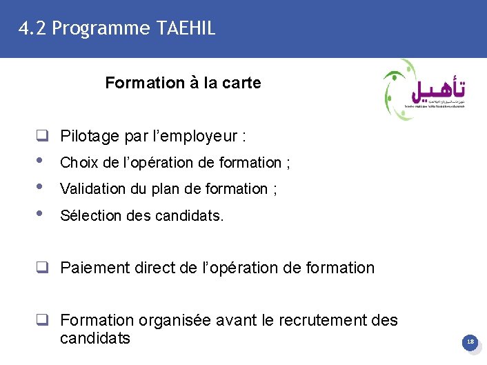 4. 2 Programme TAEHIL Formation à la carte q Pilotage par l’employeur : •