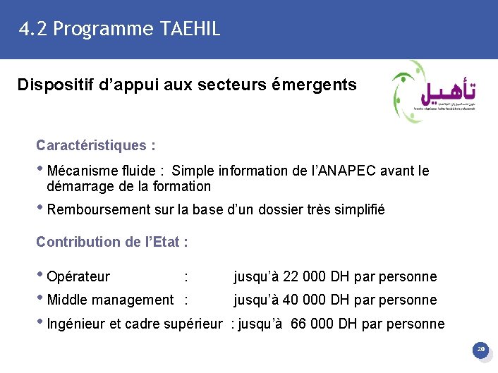 4. 2 Programme TAEHIL Dispositif d’appui aux secteurs émergents Caractéristiques : • Mécanisme fluide