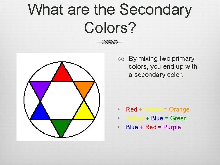 What are the Secondary Colors? By mixing two primary colors, you end up with