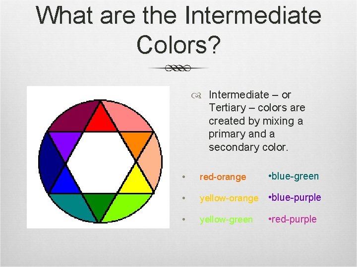 What are the Intermediate Colors? Intermediate – or Tertiary – colors are created by