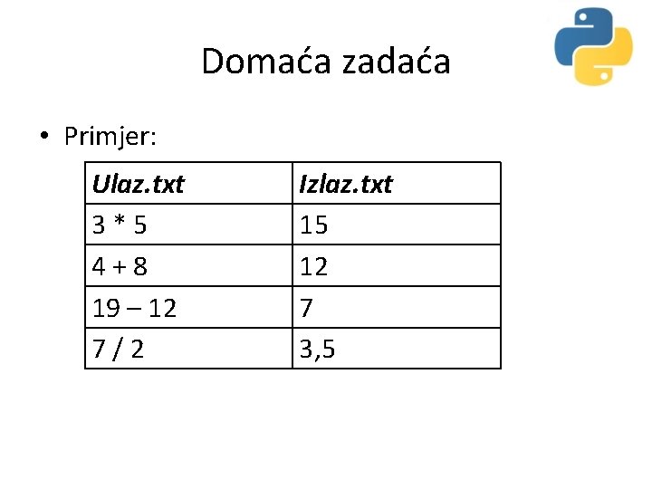 Domaća zadaća • Primjer: Ulaz. txt 3*5 4+8 19 – 12 7/2 Izlaz. txt