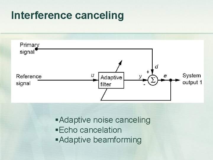 Interference canceling Adaptive noise canceling Echo cancelation Adaptive beamforming 