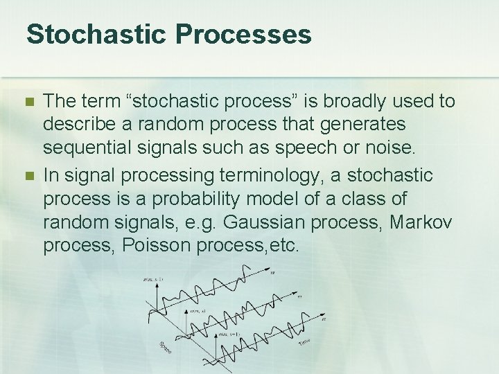 Stochastic Processes The term “stochastic process” is broadly used to describe a random process