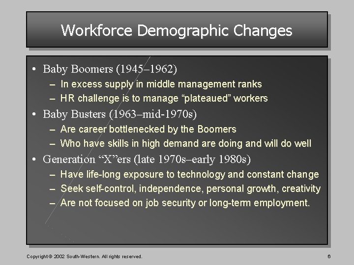 Workforce Demographic Changes • Baby Boomers (1945– 1962) – In excess supply in middle