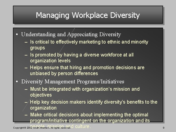 Managing Workplace Diversity • Understanding and Appreciating Diversity – Is critical to effectively marketing