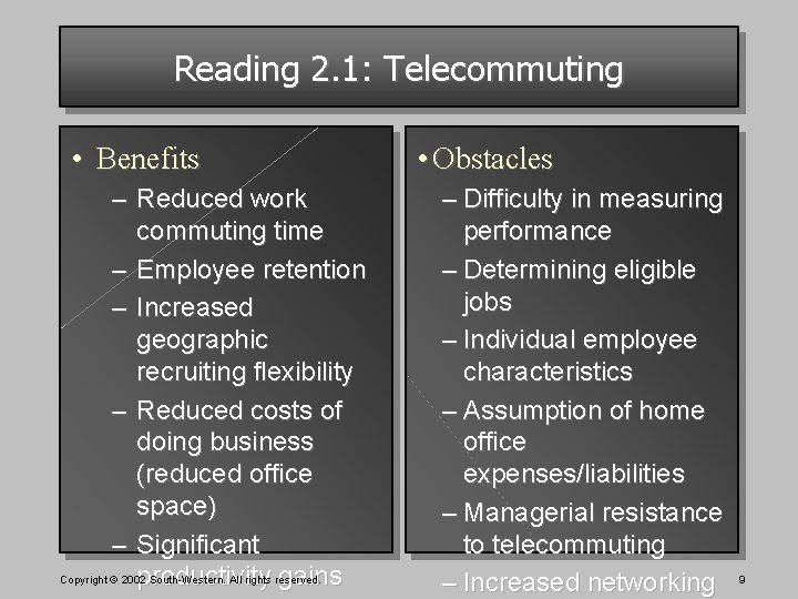 Reading 2. 1: Telecommuting • Benefits – Reduced work commuting time – Employee retention