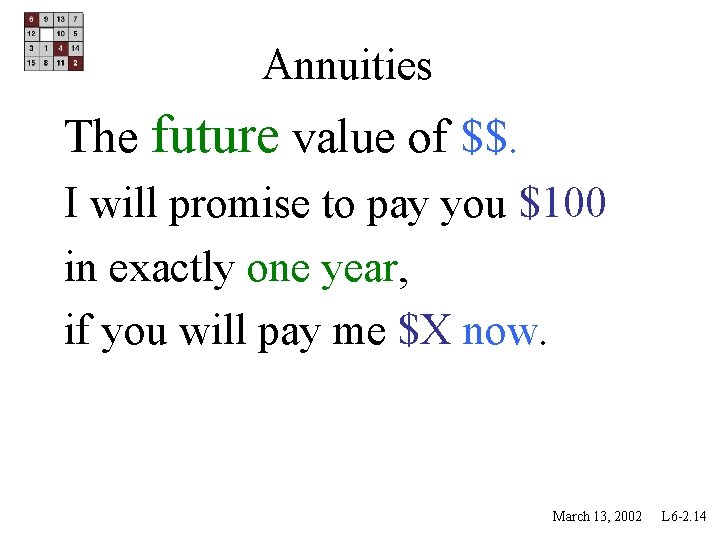 Annuities The future value of $$. I will promise to pay you $100 in