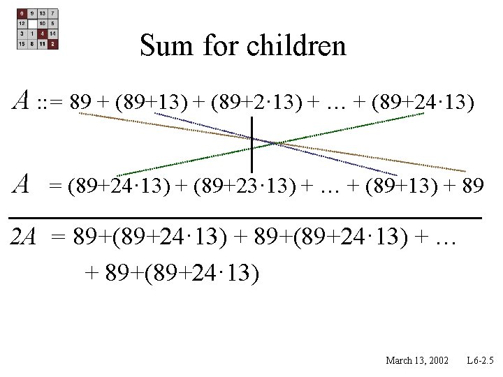 Sum for children A : : = 89 + (89+13) + (89+2· 13) +