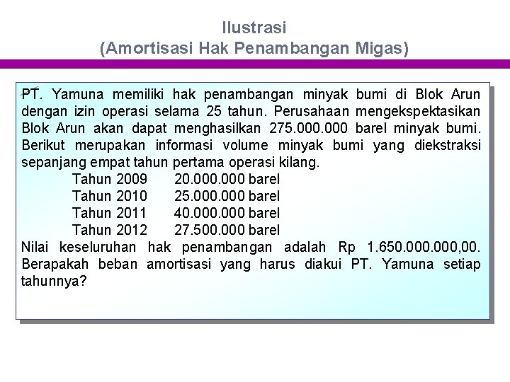 Ilustrasi (Amortisasi Hak Penambangan Migas) PT. Yamuna memiliki hak penambangan minyak bumi di Blok