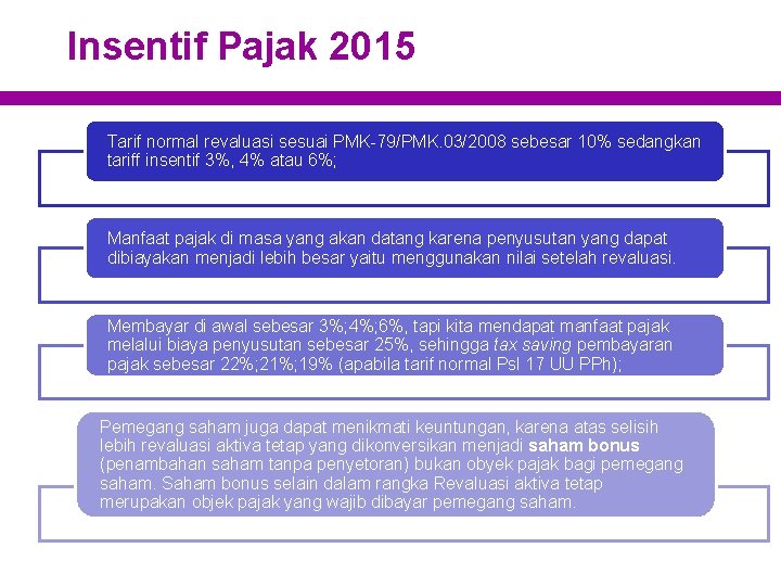 Insentif Pajak 2015 Tarif normal revaluasi sesuai PMK-79/PMK. 03/2008 sebesar 10% sedangkan tariff insentif