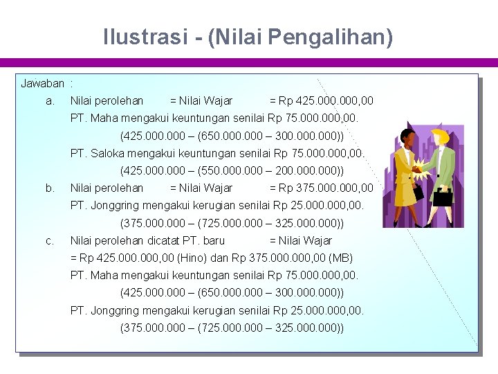 Ilustrasi - (Nilai Pengalihan) Jawaban : a. Nilai perolehan = Nilai Wajar = Rp